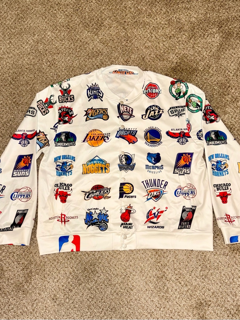 Vintage NBA All 30 Teams All Over Print Lightweight Snap Button Jacket White